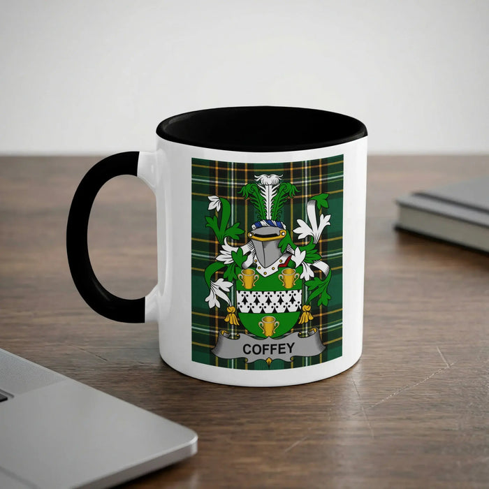 Coffey 11oz ceramic mug with black rim and surname emblem on Irish tartan.