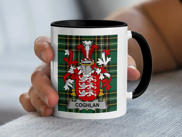 Coghlan Irish surname mug with family crest on an Irish National Tartan background.