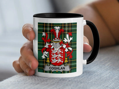 Coghlan Irish surname mug with family crest on an Irish National Tartan background.
