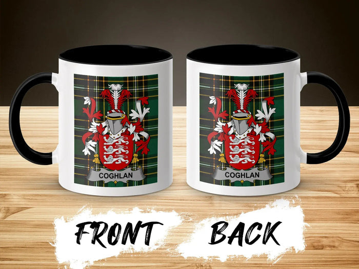 Coghlan family crest accent mug shown from front and back with black interior.