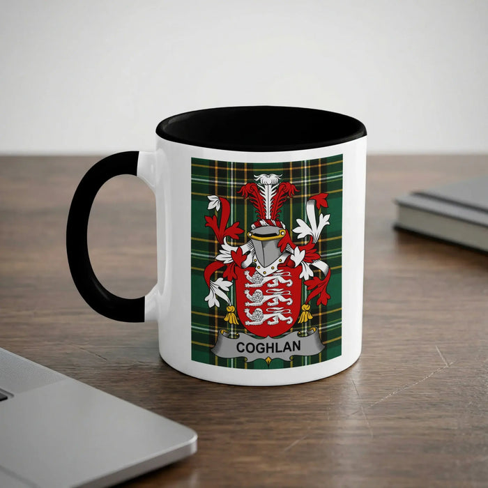 Coghlan 11oz ceramic mug with black rim and surname emblem on Irish tartan.
