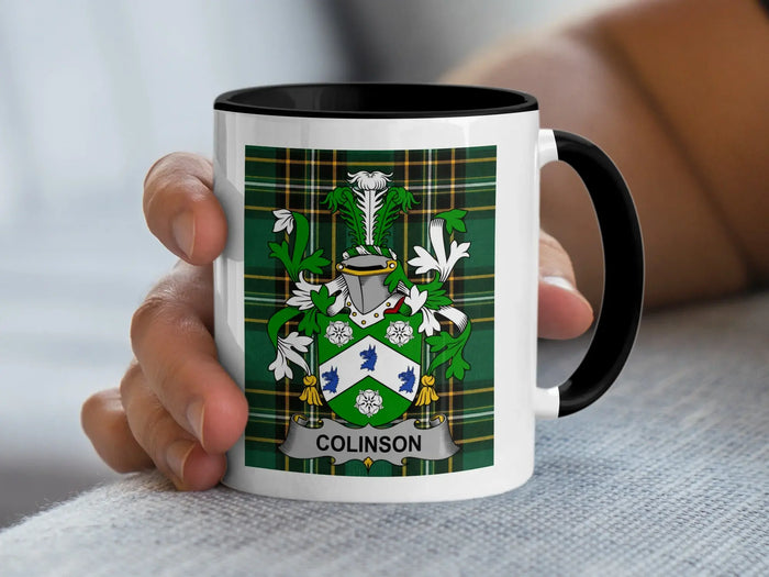 Colinson Irish surname mug with family crest on an Irish National Tartan background.