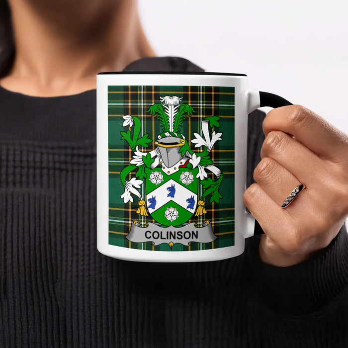 Colinson heritage mug featuring the family crest, black handle and tartan design.