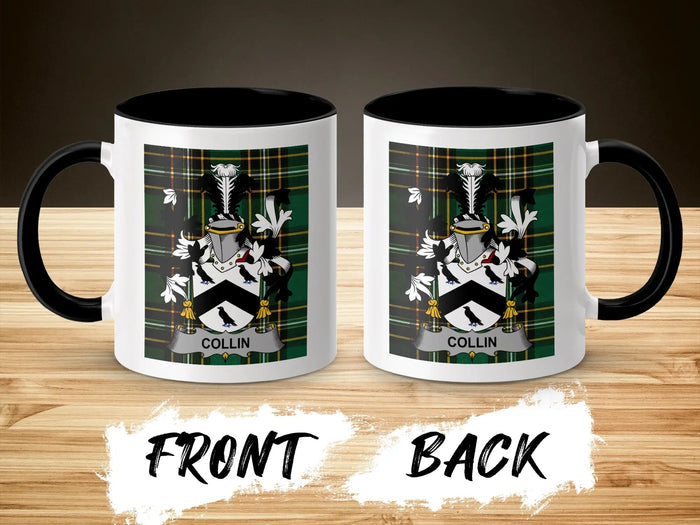 Collin family crest accent mug shown from front and back with black interior.