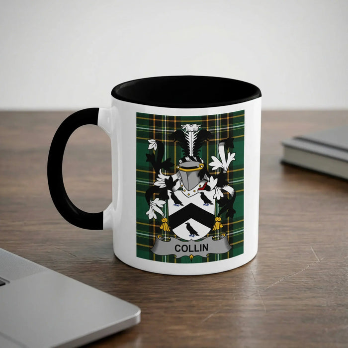 Collin 11oz ceramic mug with black rim and surname emblem on Irish tartan.