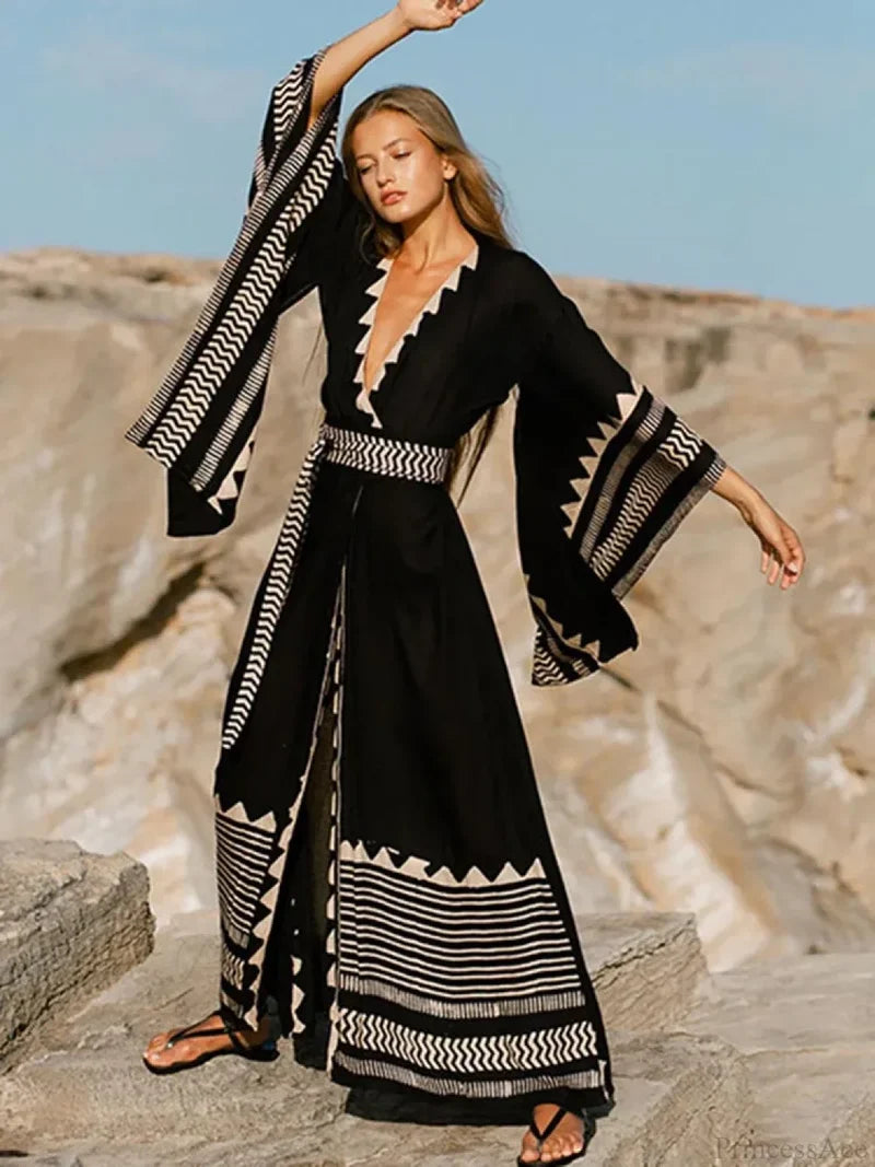 Contrast Color Long Sleeve Bikini Cover Up Black / One Size