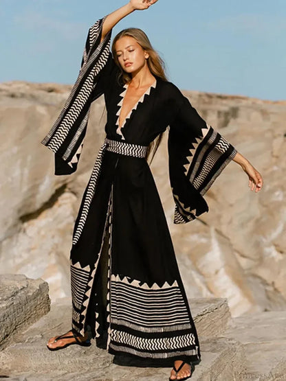 Contrast Color Long Sleeve Bikini Cover Up Black / One Size