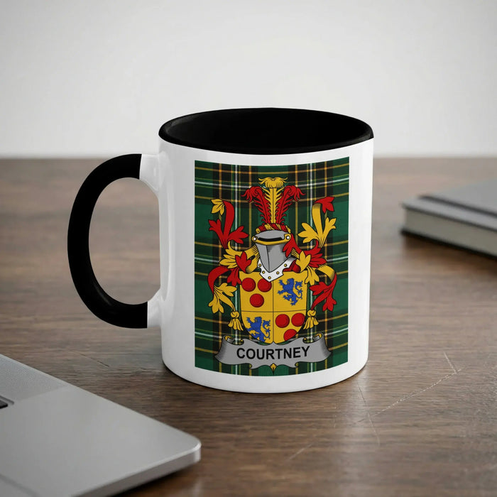 White mug with black rim, featuring a family crest with the name "COURTNEY".