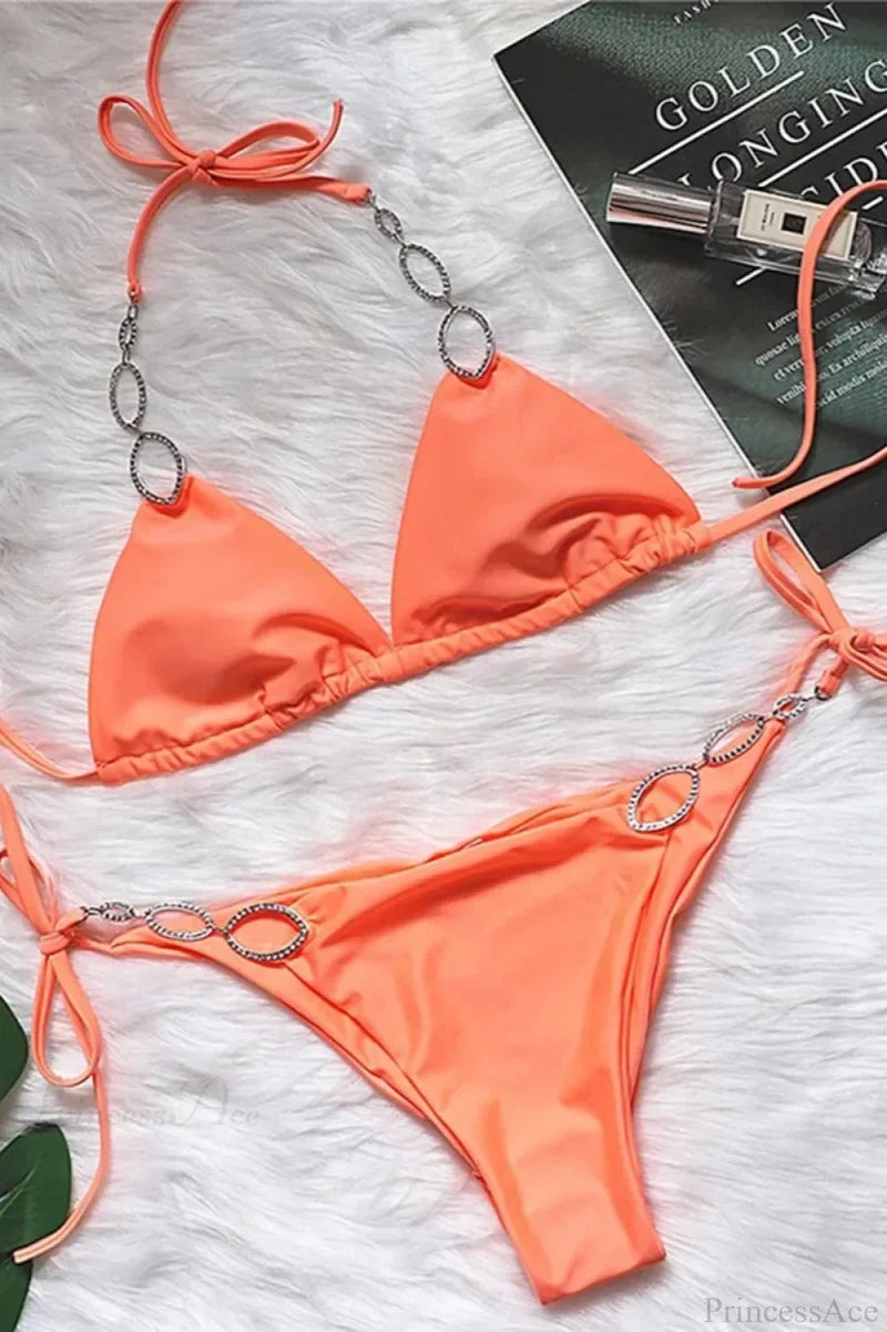 Crystal Diamond Halter Bikini Set Orange / S