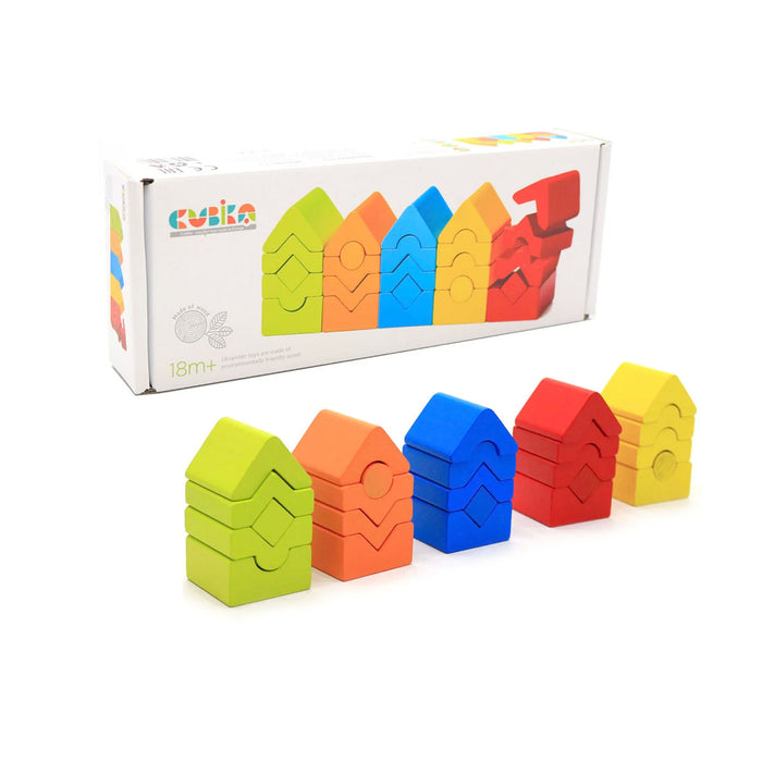 The Cubika Wooden Set of Towers by Cubika features colorful house-shaped stackable blocks in green, orange, blue, red, and yellow. This educational toy fosters creativity and fine motor skills, shown displayed in front of the “KUBIKA” box.