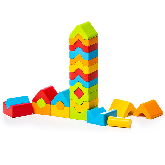 The Cubika Wooden Set of Towers by Cubika features colorful wooden blocks and house-shaped pieces, perfect for building towers and developing fine motor skills. Loose shapes are scattered on a white background for creative play.