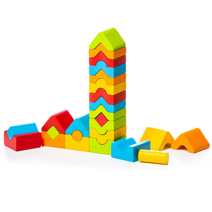 The Cubika Wooden Set of Towers by Cubika features colorful wooden blocks and house-shaped pieces, perfect for building towers and developing fine motor skills. Loose shapes are scattered on a white background for creative play.
