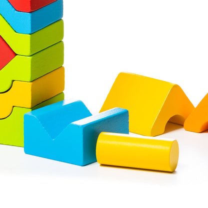 Cubika Woden Set of Towers by Cubika features colorful wooden blocks in red, green, yellow, orange, and blue with rectangular and arched shapes, ideal for stacking and scattered play to enhance children's fine motor skills.