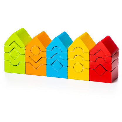 The Cubika Wooden Set of Towers by Cubika features five colorful block houses in green, orange, blue, yellow, and red. Stacked geometric shapes—rectangles, triangles, and circles—help develop fine motor skills. White background.