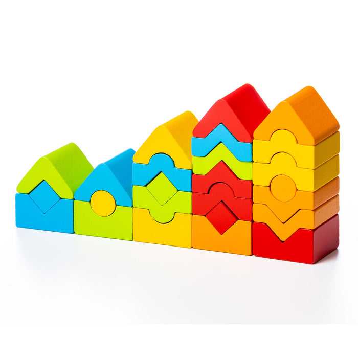 The Cubika Wooden Set of Towers by Cubika features five house-shaped stacks of colorful blocks in blue, green, yellow, orange, and red. This educational toy helps develop fine motor skills and is displayed on a white background.