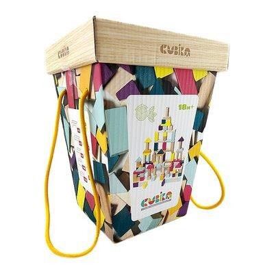 The Cubika Wooden Blocks Construction Kit comes in a colorful box with yellow handles, geometric patterns, a wooden lid, and a tower image—an eco-friendly set from Cubika perfect for creative play.