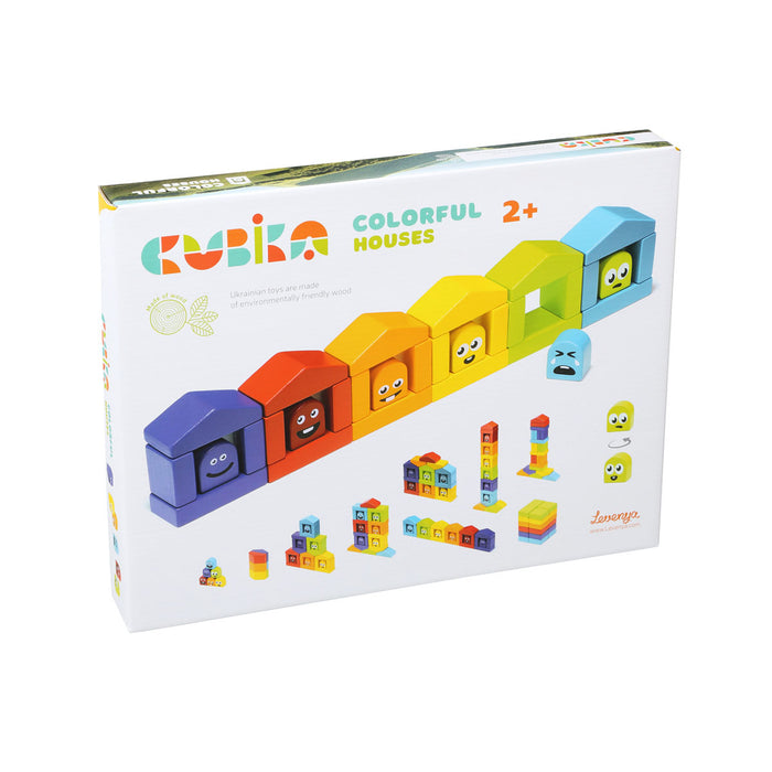 The Cubika Wooden Construction Set Colorful Houses by Cubika features six vibrant house-shaped emotion characters with unique faces, crafted from organic Carpathian wood, for ages 2+, and displayed in a row on the box.