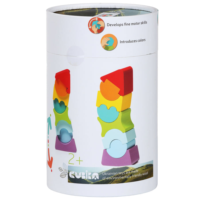 The Cubika Wooden Flexible Tower by Cubika is a cylindrical boxed toy for ages 2+, with colorful, curved blocks to stack. The educational set highlights skill development and color recognition benefits on its packaging.