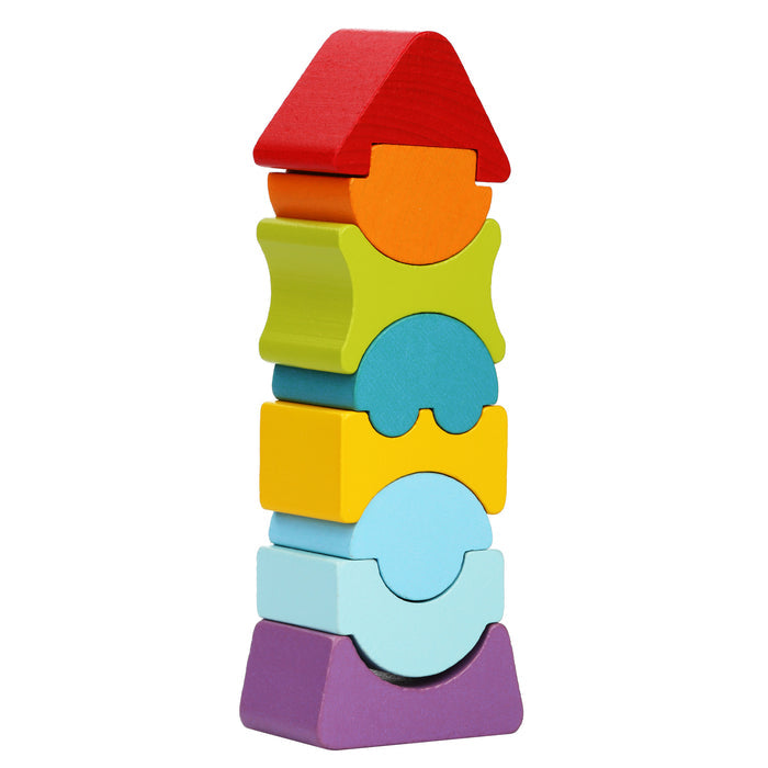 The Cubika Wooden Flexible Tower by Cubika features colorful wooden blocks in various shapes, including a red triangle on top, forming a vertical tower—an ideal sustainable toy for creative play.