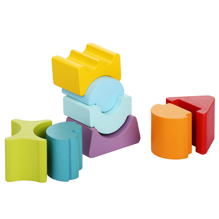 The Cubika Wooden Flexible Tower by Cubika features colorful wooden blocks in shapes like rectangles, semicircles, and a triangle, stacked and arranged on a white background as part of this sustainable educational toy set.