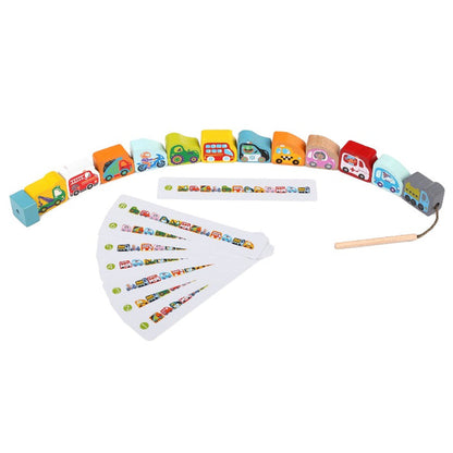 The Cubika Wooden Lacing Toy Flying Cars by Cubika features colorful vehicle beads, a wooden stick with string, and illustrated cards to help kids arrange vehicles and build fine motor skills.