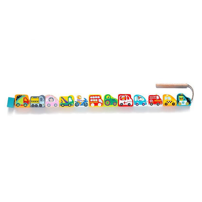 The Cubika Wooden Lacing Toy Flying Cars by Cubika features colorful wooden vehicles—including cars, a bus, fire truck, and bicycle—strung together with a pull string to help develop fine motor skills.