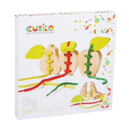 A box featuring the Cubika Wooden Lacing Toy Set Fruits, a wooden apple-shaped lacing toy with colored strings and green leaf pieces, designed to develop fine motor skills for children aged 36+ months. The brand name Cubika appears on top.