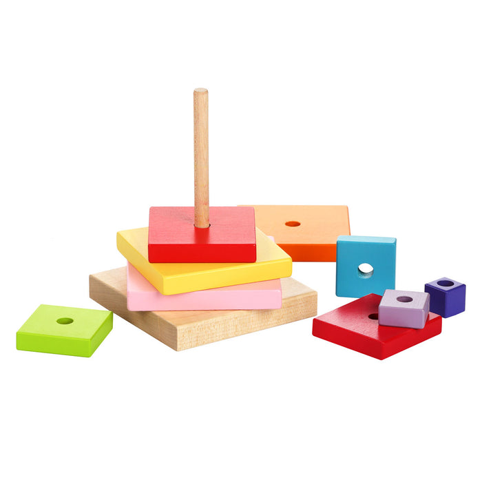 The Cubika Wooden Pyramid by Cubika is made from organic wood and features colorful square blocks on a central peg, helping young children develop fine motor skills through stacking or sorting activities.