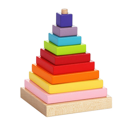 The Cubika Wooden Pyramid by Cubika is an organic wood stacking toy with colorful square blocks in pink, yellow, orange, red, green, blue, and purple to arrange by size on a peg—helping develop fine motor skills during play.