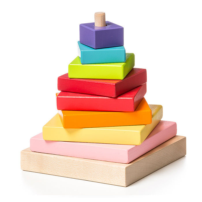 The Cubika Wooden Pyramid by Cubika features colorful, organic wooden square blocks stacked in decreasing size to form a pyramid—ideal for developing fine motor skills.