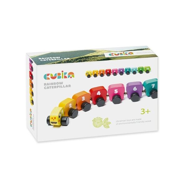 The Cubika Wooden Toy Rainbow Caterpillar (ages 3+) features seven colorful numbered segments with wheels, made from organic wood. The eco-friendly packaging showcases the sustainable branding of Cubika.