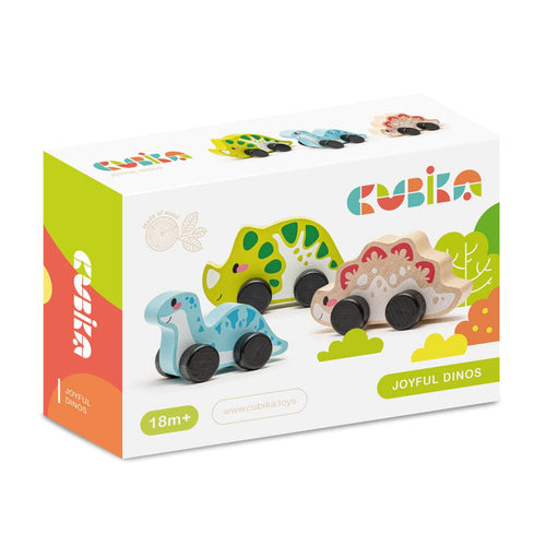 The Cubika Wooden Toy Set Joyful Dinos features colorful eco-friendly wooden dinosaur toys on wheels for ages 18 months and up. The box displays playful designs and images of the toys. Brand: Cubika.