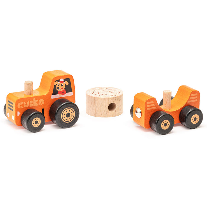 The Cubika Wooden Toy Tractor by Cubika includes two orange wooden cars with black wheels and a round light wood log. One car features a dog driver’s face, making it an eco-friendly and charming choice for farm play.