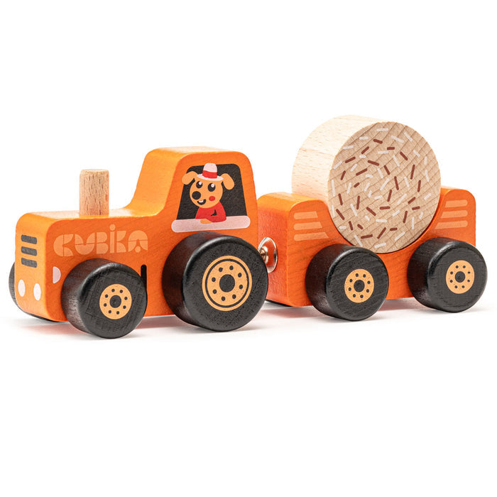 The Cubika Wooden Toy Tractor by Cubika is an eco-friendly, bright orange wooden tractor with black wheels and a matching trailer carrying a textured log. It features a cartoon dog face and decorative markings—great for farm play.