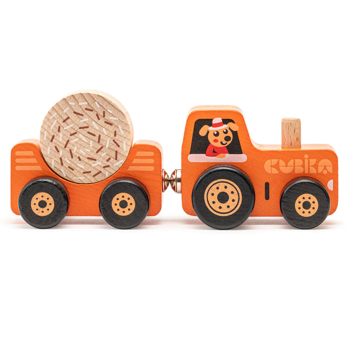The Cubika Wooden Toy Tractor is a bright orange, eco-friendly wooden toy with a trailer, black wheels, a cartoon dog driver, and a round wooden log, all featuring the Cubika brand name—perfect for farm play.