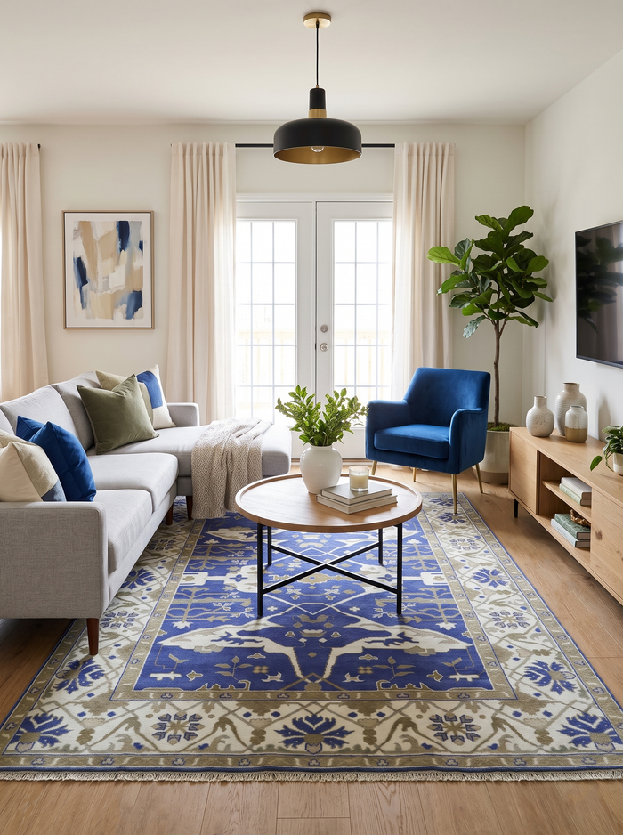 Traditional hand-knotted wool area rug with a violet center and ivory and olive border