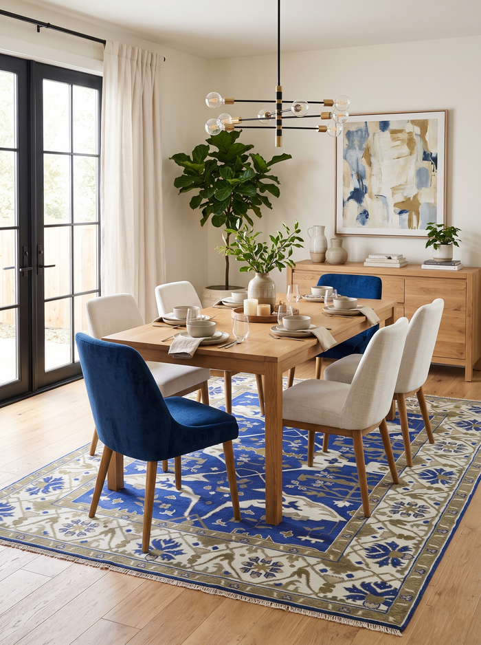 Violet, ivory and olive wool area rug with traditional floral motifs and a decorative border
