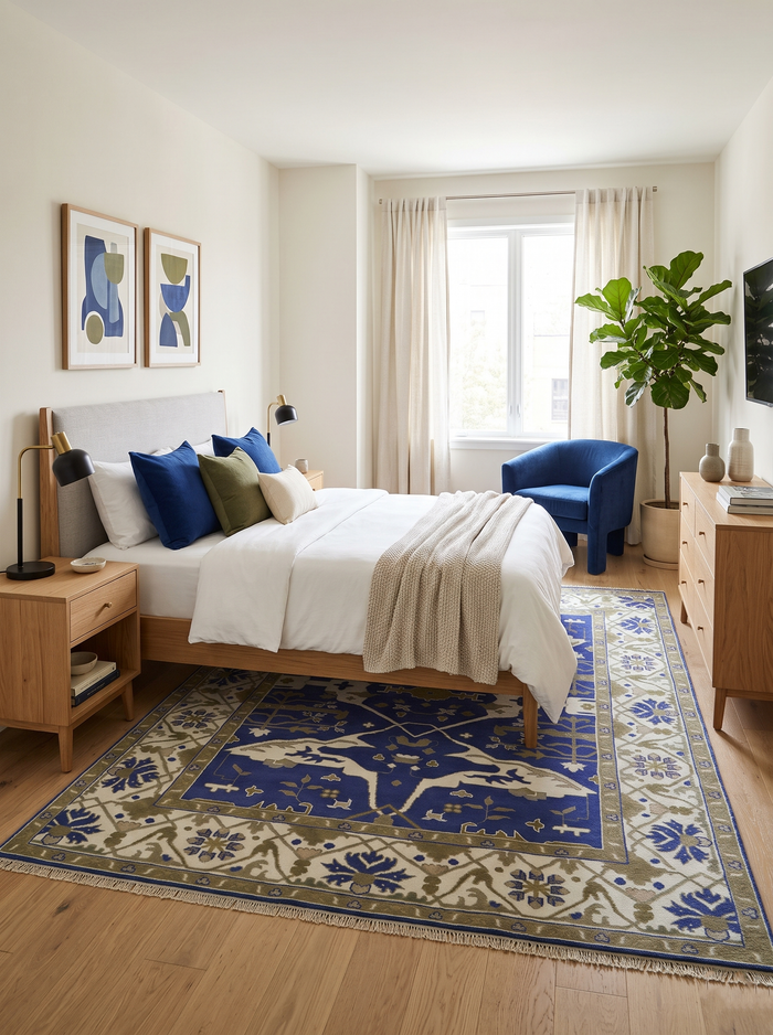 Traditional hand-knotted wool area rug with a violet field and ivory and olive motifs