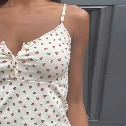 Cute Floral Print Button-Up O Neck Crop Top croptop-250126