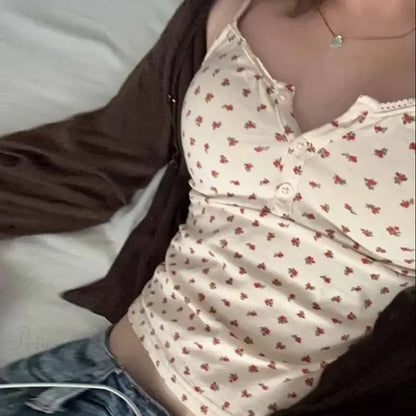 Cute Floral Print Button-Up O Neck Crop Top croptop-250126