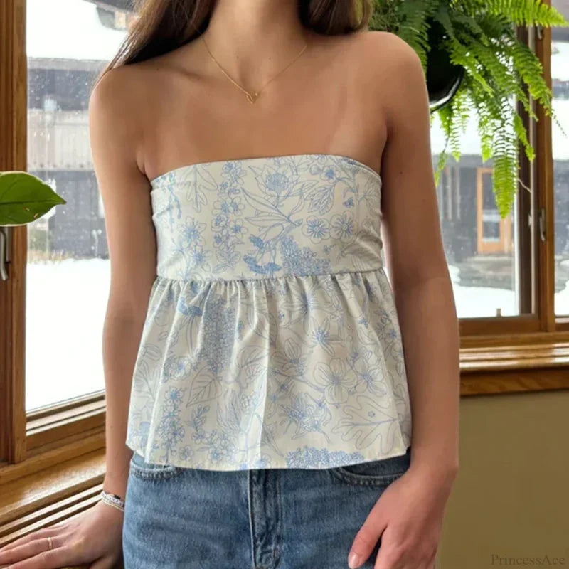 Cute Summer Floral Strapless Bandeau 00s Backless Tie Up Bodydoll Y2K Crop Top croptop-250126