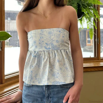 Cute Summer Floral Strapless Bandeau 00s Backless Tie Up Bodydoll Y2K Crop Top croptop-250126