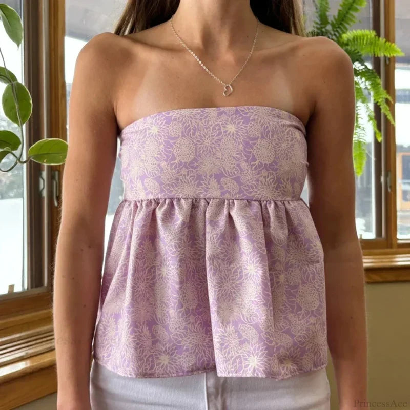 Cute Summer Floral Strapless Bandeau 00s Backless Tie Up Bodydoll Y2K Crop Top croptop-250126