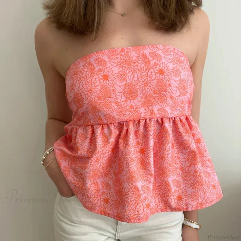 Cute Summer Floral Strapless Bandeau 00s Backless Tie Up Bodydoll Y2K Crop Top PINK1 / S croptop-250126