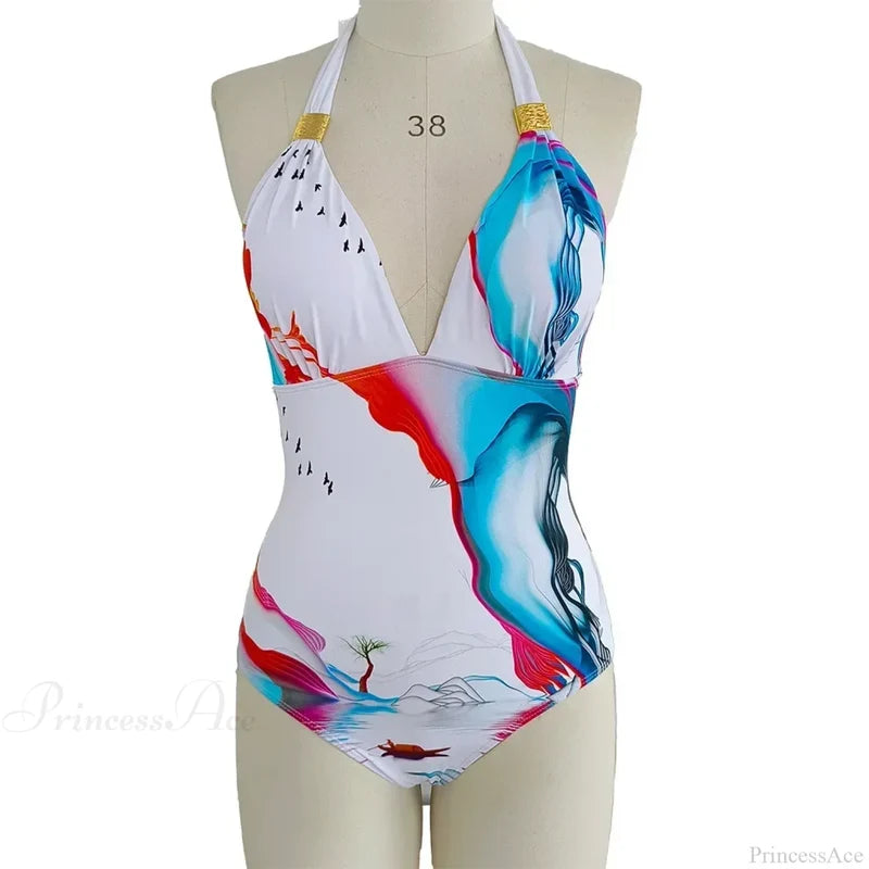 Deep V Halter Belly Cover One Piece Set Chinese Feng ink / S