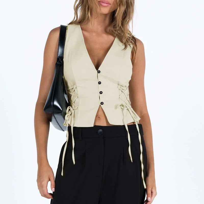 Denim Button V-Neck Crop Top