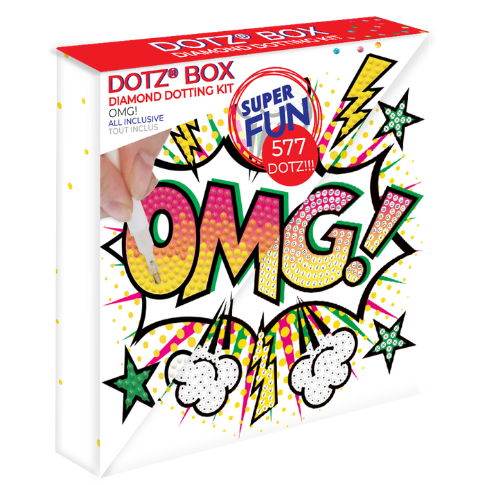 Diamond Dotz OMG! by Diamond Dotz features a vibrant comic-style "OMG!" design with stars and bursts. This kit promises SUPER FUN for pop-art fans with 577 DOTZ, letting you hand-apply sparkling dots to complete the image.