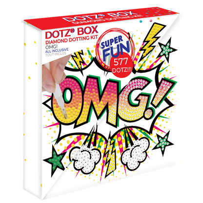 Diamond Dotz OMG! by Diamond Dotz features a vibrant comic-style "OMG!" design with stars and bursts. This kit promises SUPER FUN for pop-art fans with 577 DOTZ, letting you hand-apply sparkling dots to complete the image.