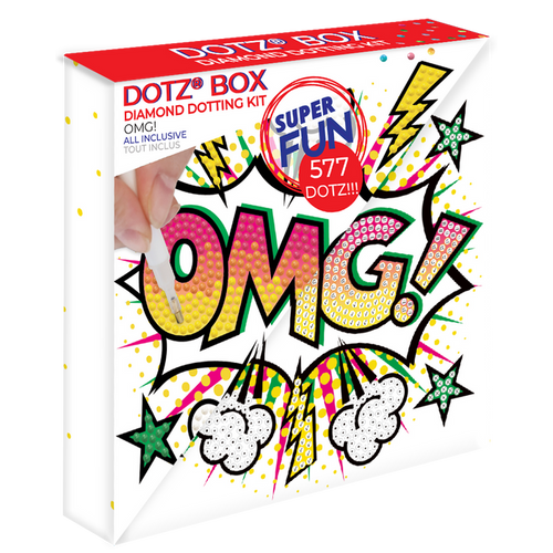 Diamond Dotz OMG! by Diamond Dotz features a vibrant comic-style "OMG!" design with stars and bursts. This kit promises SUPER FUN for pop-art fans with 577 DOTZ, letting you hand-apply sparkling dots to complete the image.