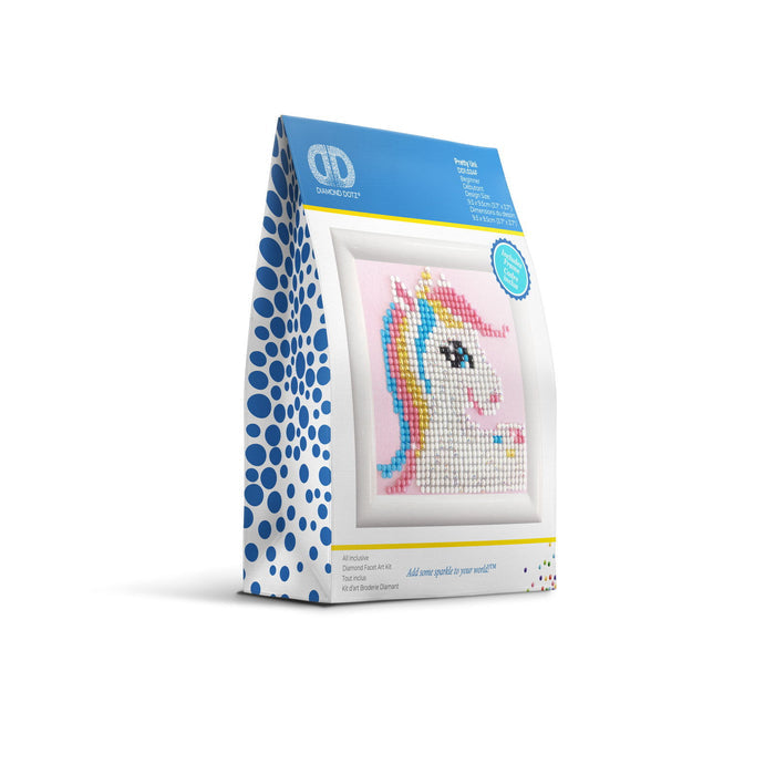 The Diamond Dotz Pretty Pony - Framed kit by Diamond Dotz features a vibrant unicorn design on a white box with blue polka dot accents.